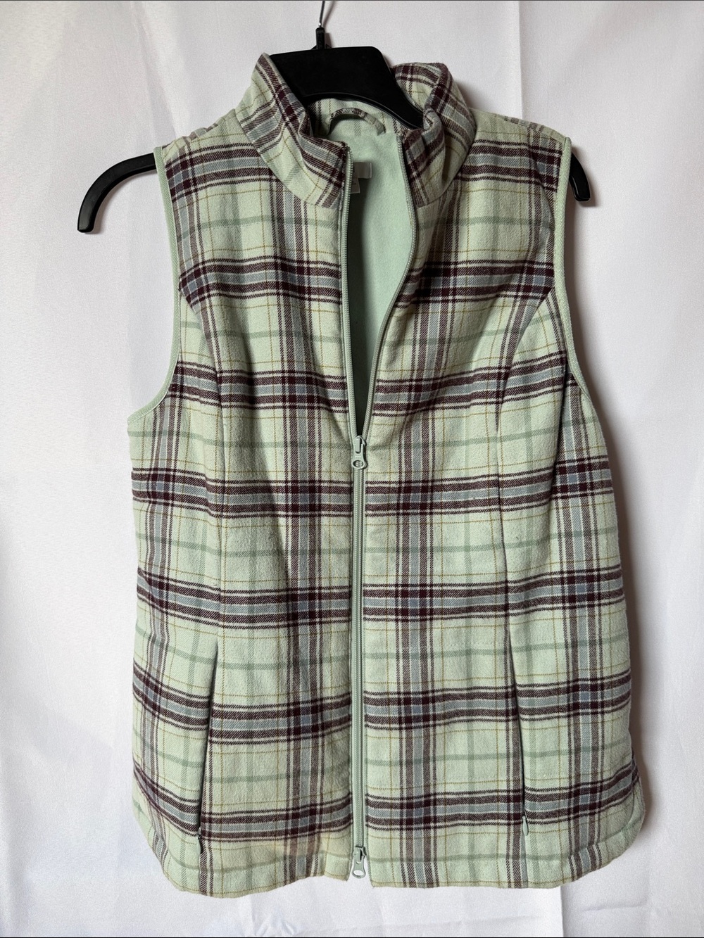 J. Jill Mint Green and Burgundy Plaid Zip-Front Vest